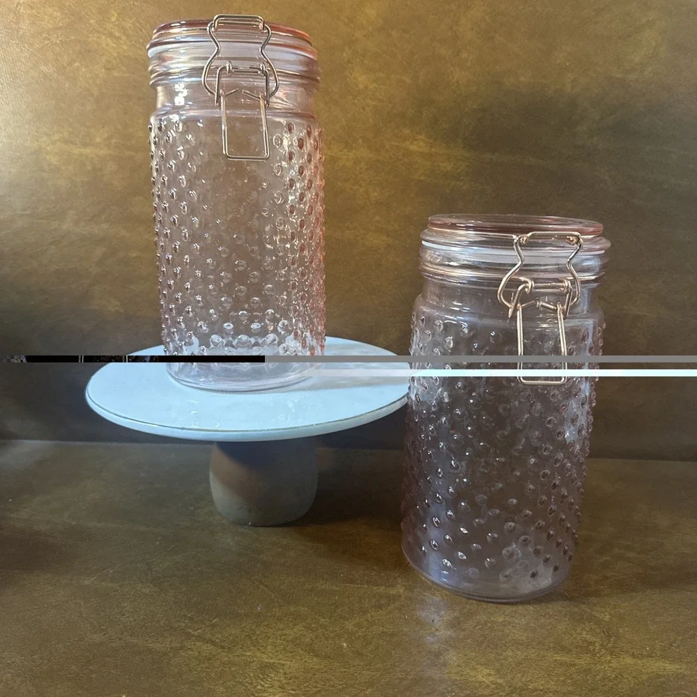 2-Hobnail Pink Glass Jar Canister Flip Top Lid 7-3/4